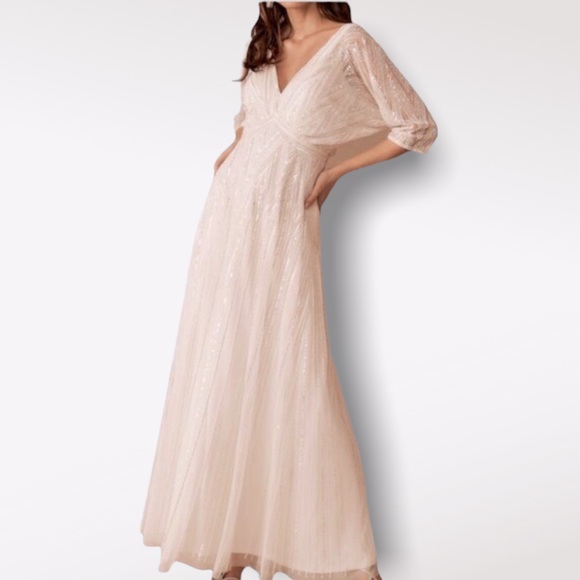 BHLDN Ellesmere Size 6 Ivory Allover Beaded Vintage Inspired V-neck Maxi Wedding - Picture 4 of 12